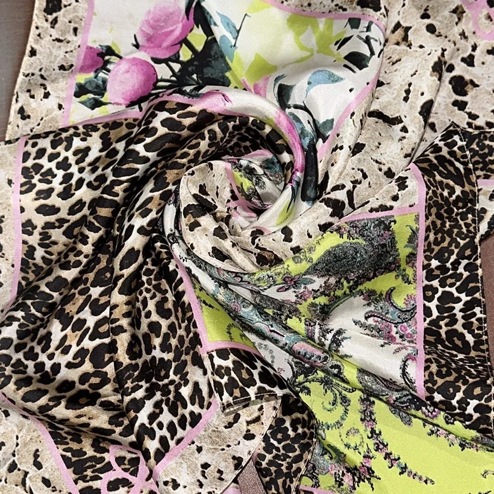 Pure Silk Scarf by Bassler leopard floral black cream pink teal 27x27